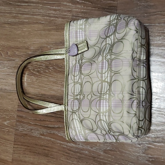 Coach Handbags - COACH Metallic Gold Plaid Monogram Logo Mini Handbag Luxury Formal Occassion
